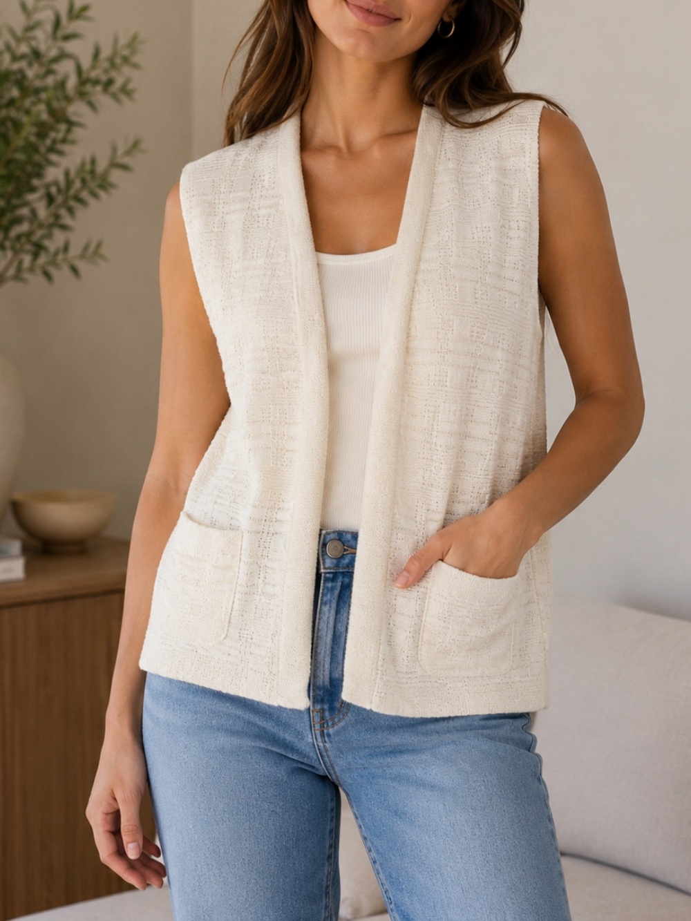 Vintage Milrank White Knit Open Front Cardigan Vest Casual Spring